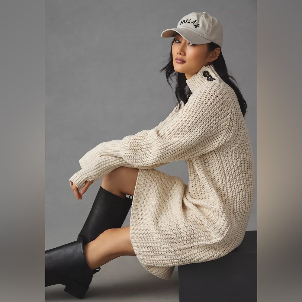 Moon River Chunky Knit Turtleneck Sweater Dress with Button Shoulder in Cream